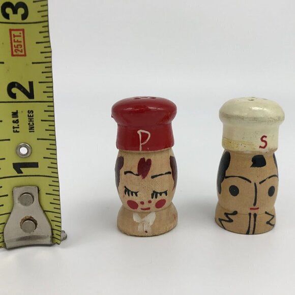 Salt and Pepper Shaker 2 inch Salty and Peppy Vintage 1950s Wood Set Japan - Picture 13 of 13
